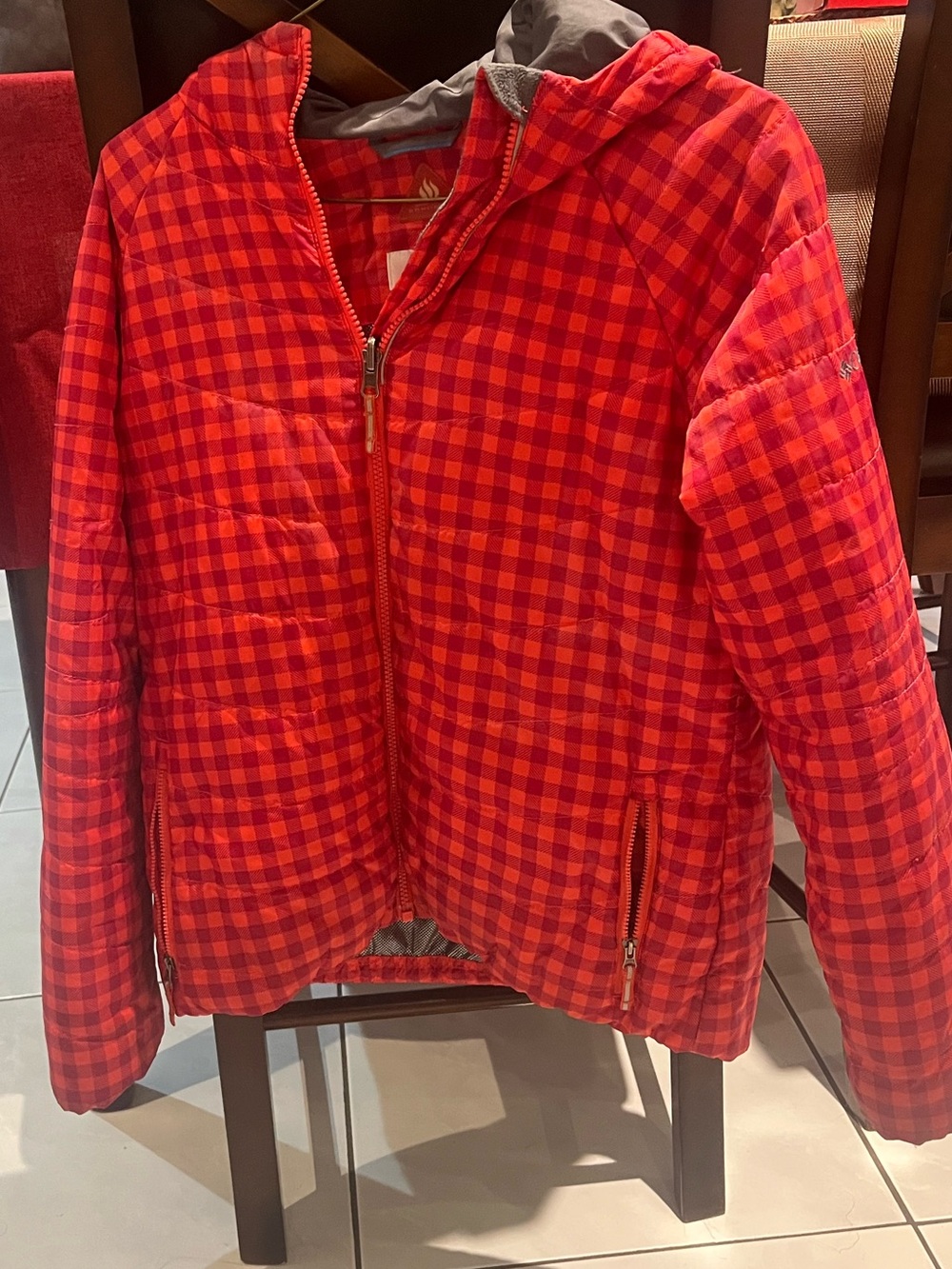 Girl’s Size Large, Age 14-15 Columbia Red Plaid Hooded Puffer Jacket - Kids